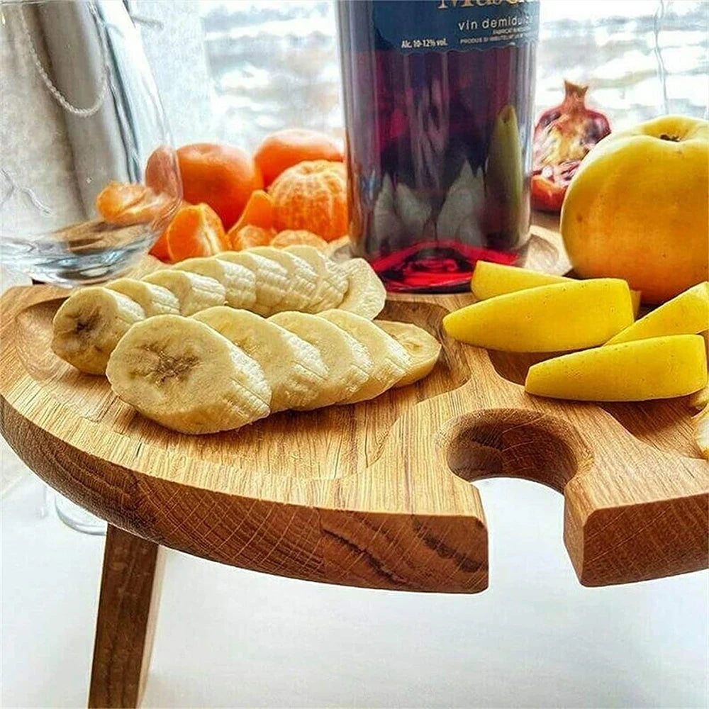 Wooden Outdoor Folding Picnic Table With Glass Holder Round Foldable Desk Wine Glass Rack Collapsible Table for Garden Party