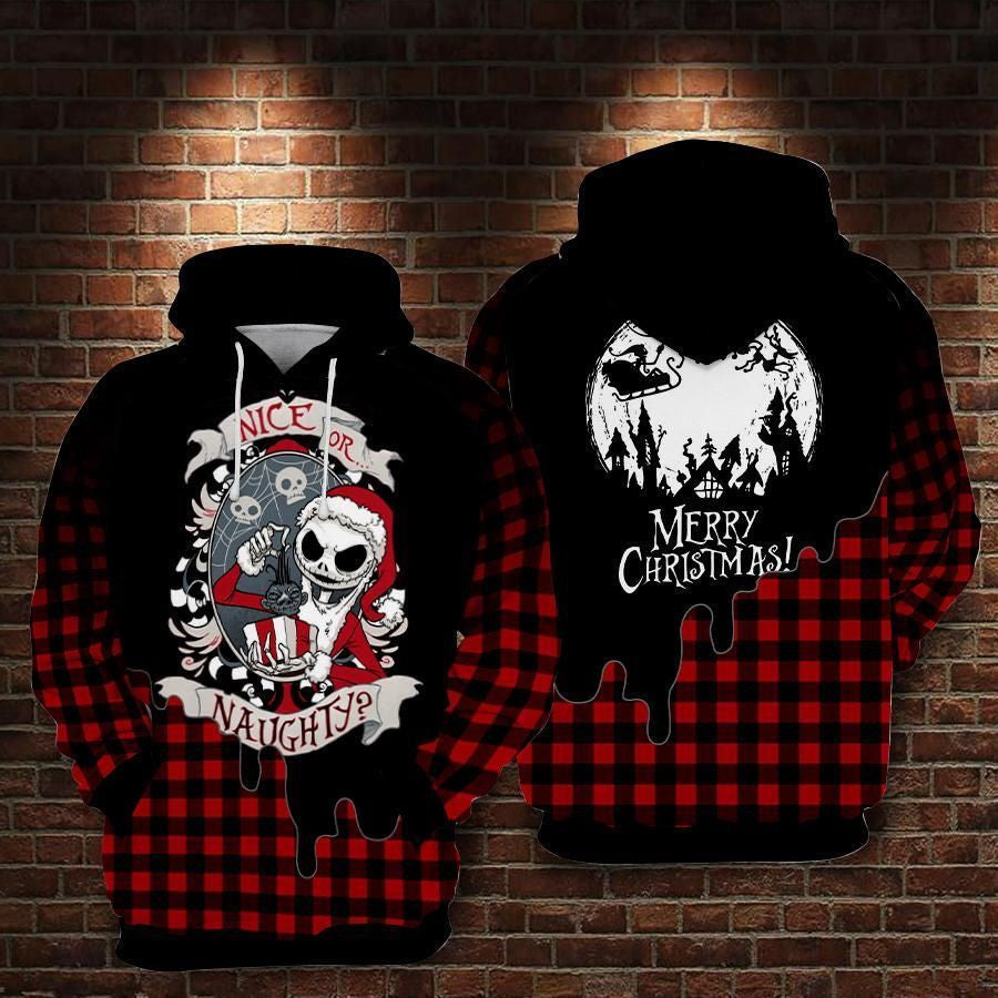 Jack Skellington Nice Or Naughty Merry Christmas Over Print 3d Hoodie Zip Hoodie 224