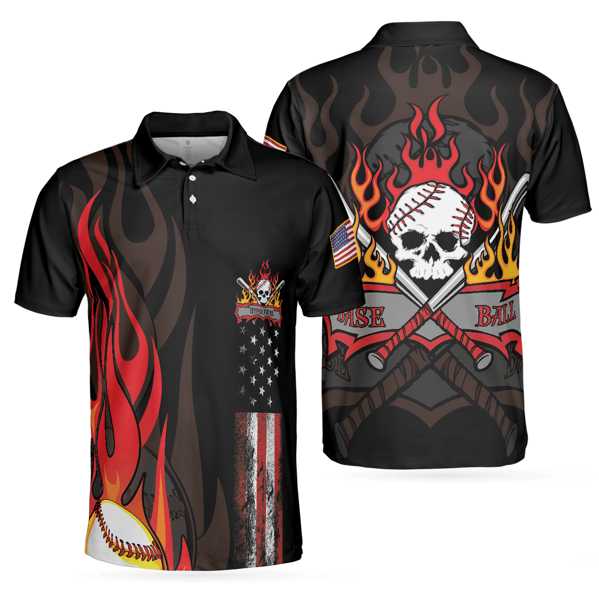 Flame Baseball Skull American Flag Polo Shirt